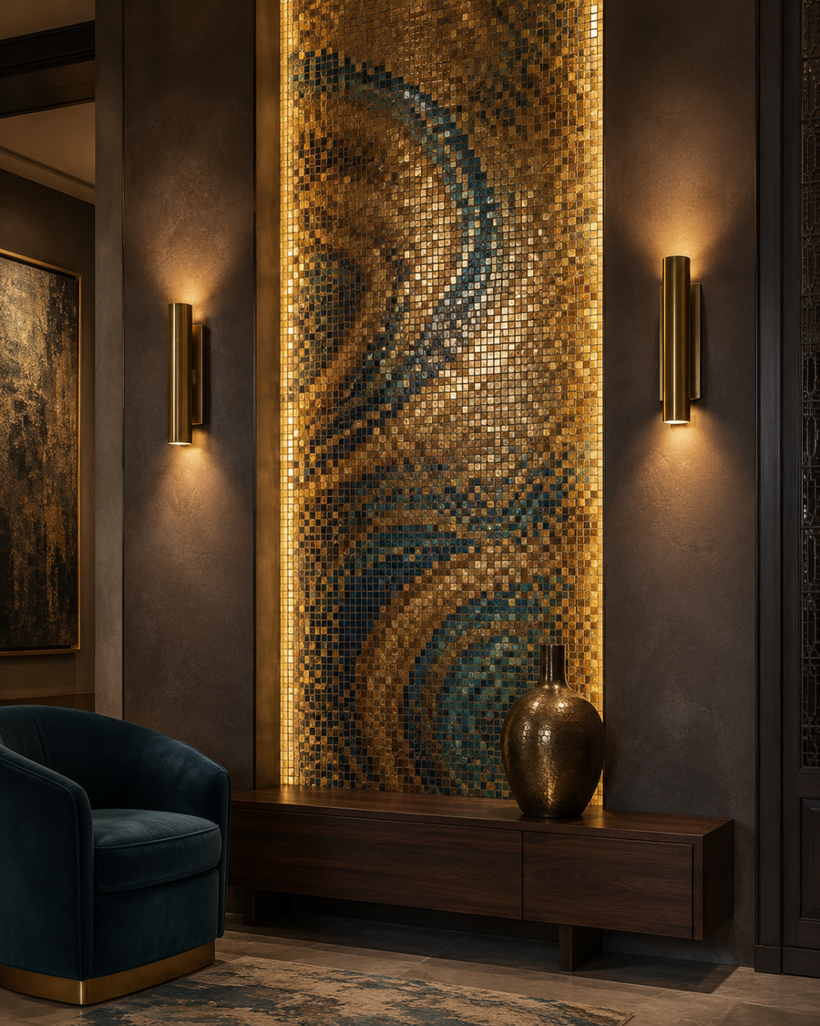 Mosaic tile accent wall with metallic gold and blue glass pieces, warm backlighting, dark plaster surround, sconces, and luxury lounge styling.