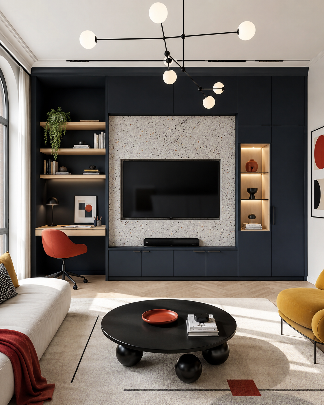 Front-facing multi-functional media built-in wall in dark navy with a terrazzo-look TV surround, integrated desk niche, open shelves, storage cabinets, and modern geometric lighting.