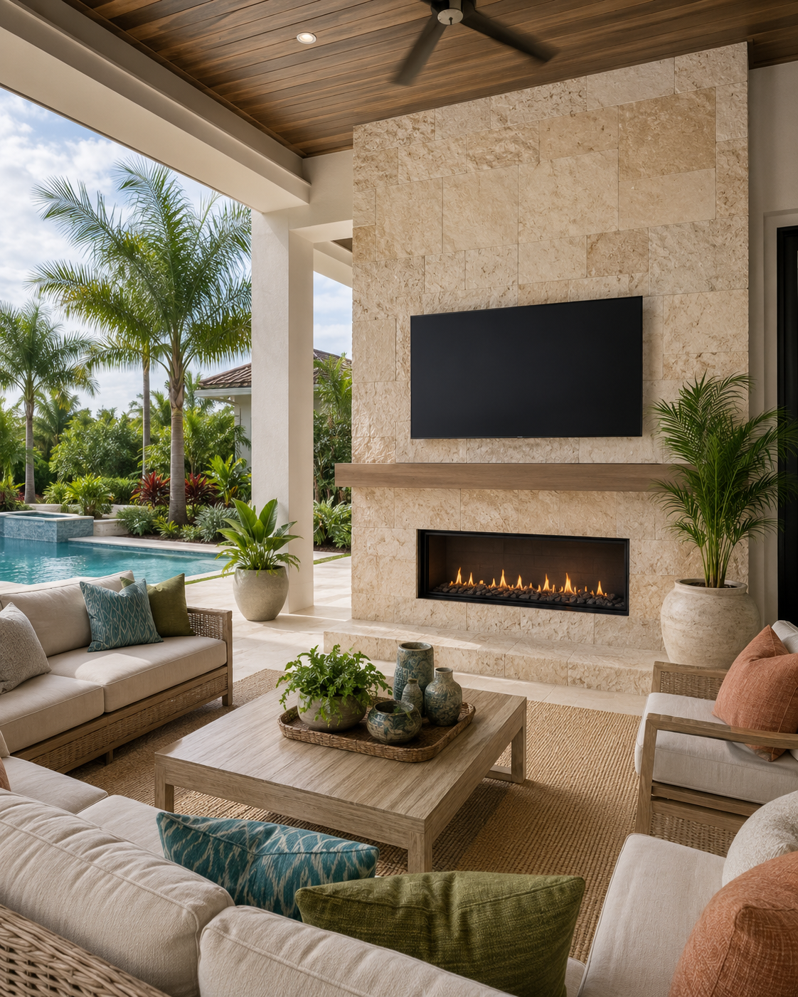 Covered Florida lanai with natural stone veneer custom fireplace TV wall, linear fireplace, mounted TV, pool view, tropical landscaping, outdoor seating, colorful pillows, and woven rug.