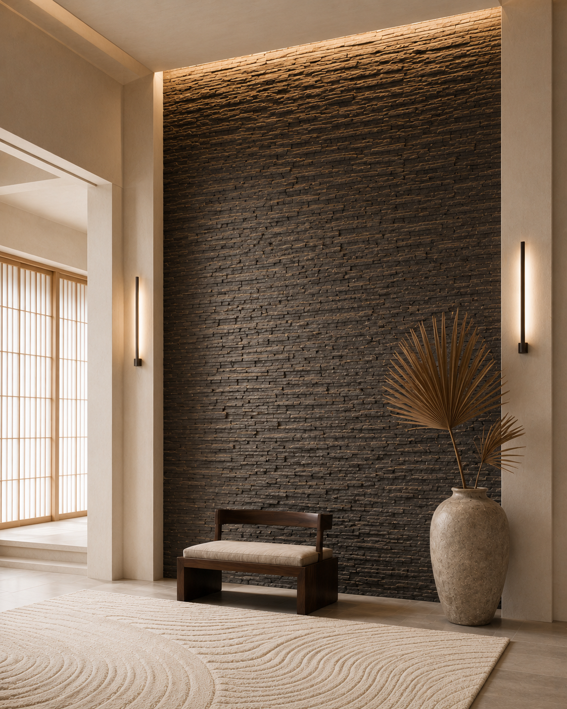 Natural stone and stone veneer accent wall with stacked dark stone texture, tall feature wall scale, warm side lighting, and refined entry interior.
