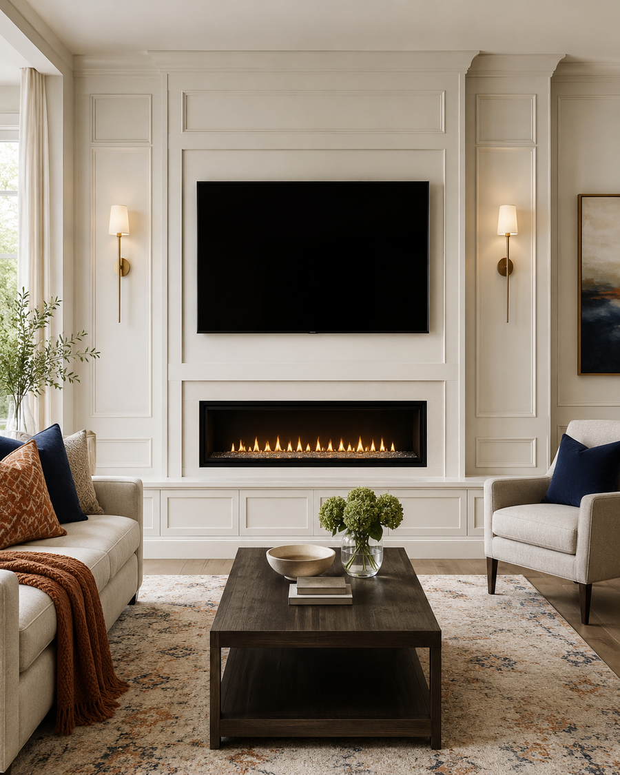 Custom fireplace TV wall with painted MDF panels, built-in wall structure, linear electric fireplace, TV, warm white finish, colorful textile accents, and a soft area rug.