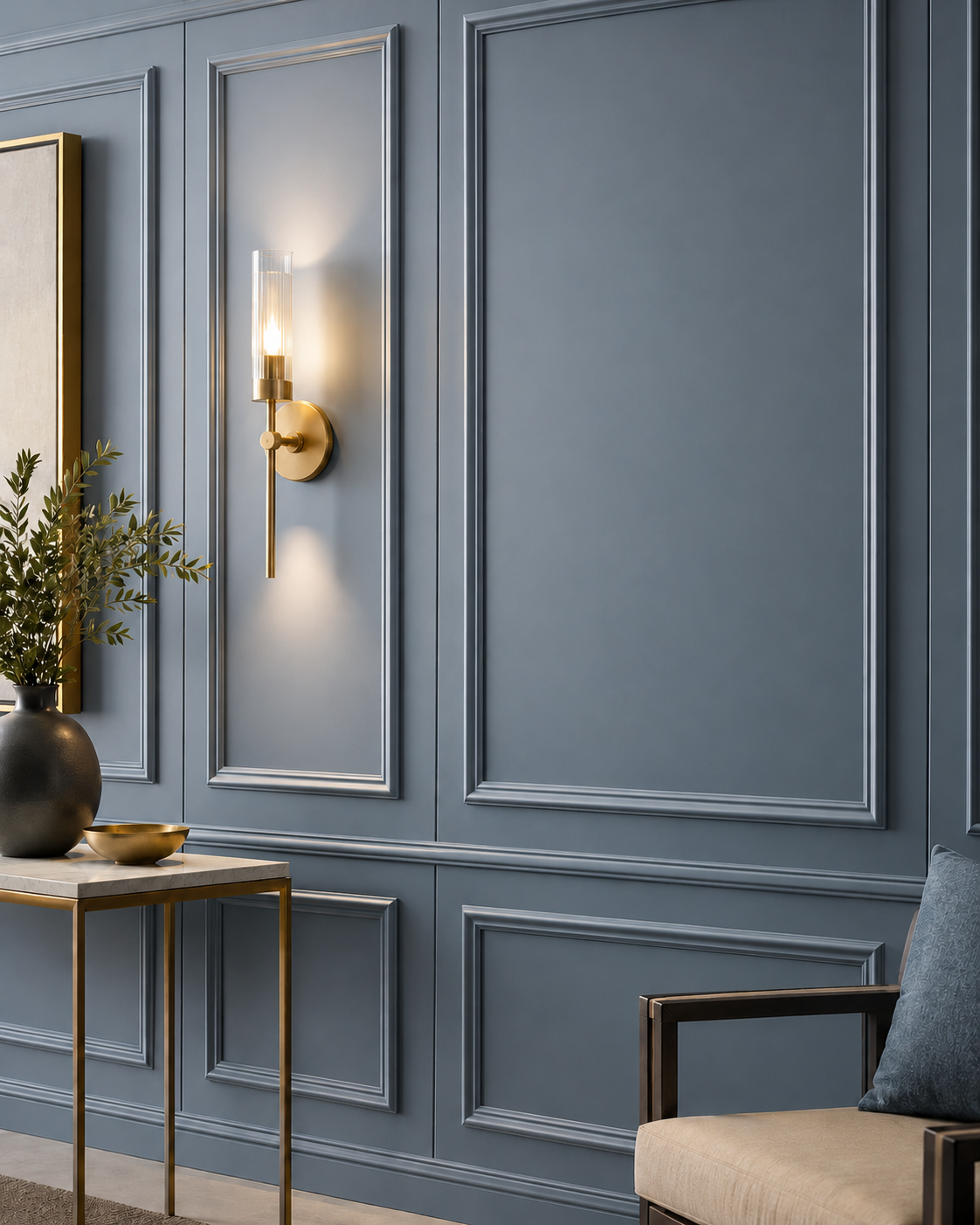Painted MDF panel accent wall with custom wall paneling, decorative trim, integrated wall sconce, and refined residential interior styling.
