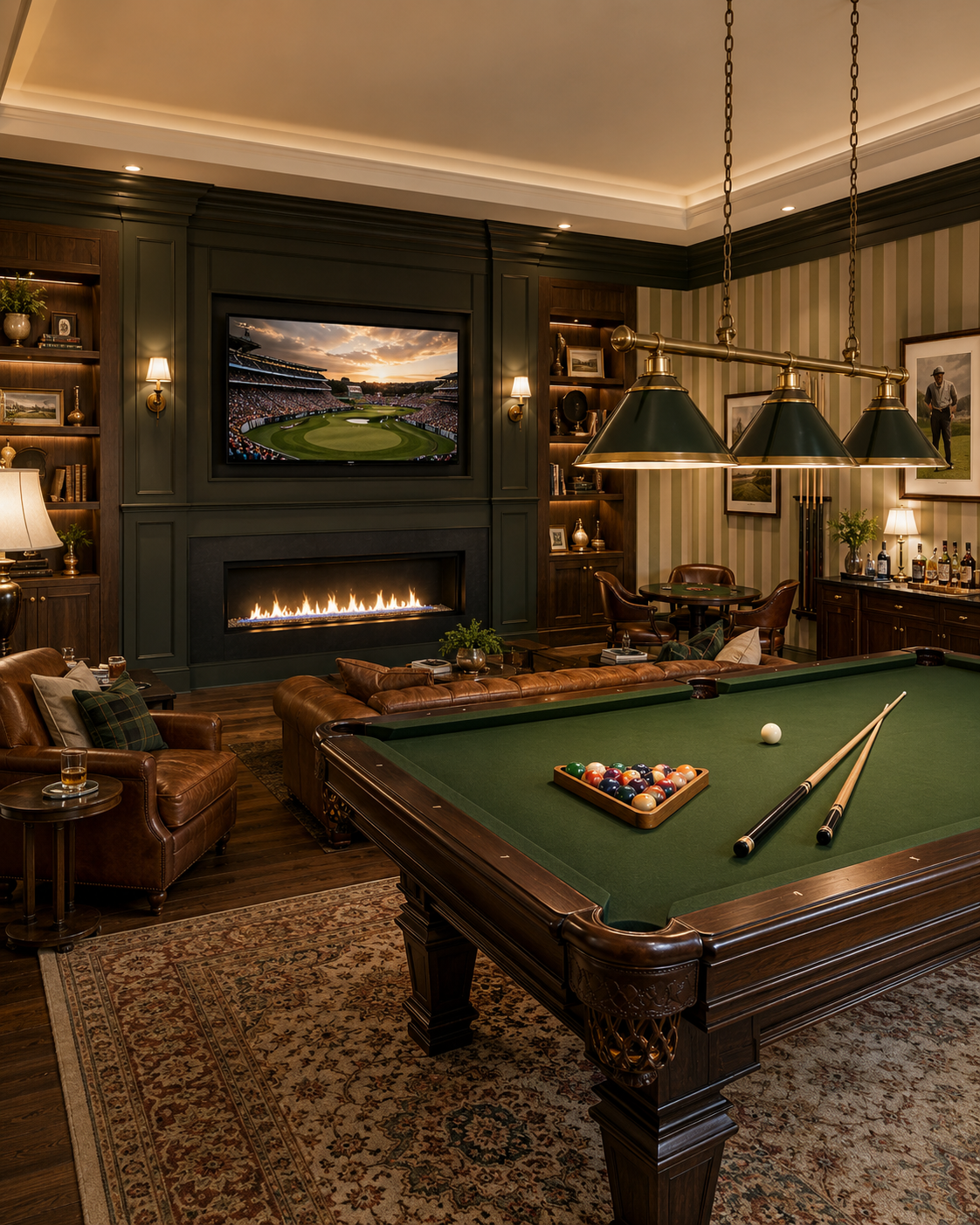 A classic tailored billiard room with green felt pool table, billiard balls, cue sticks, large hanging billiard lights, leather seating, TV, and custom fireplace wall.