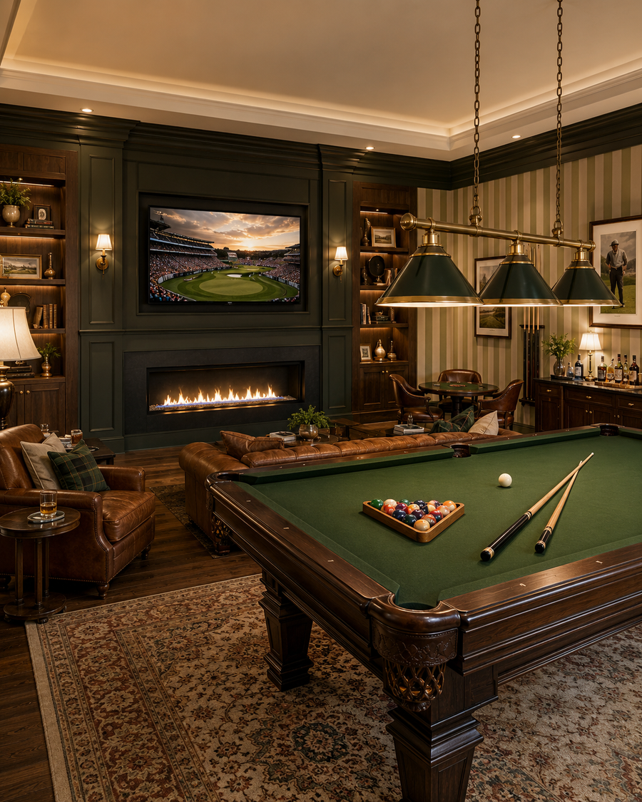A classic tailored billiard room with green felt pool table, billiard balls, cue sticks, large hanging billiard lights, leather seating, TV, and custom fireplace wall.