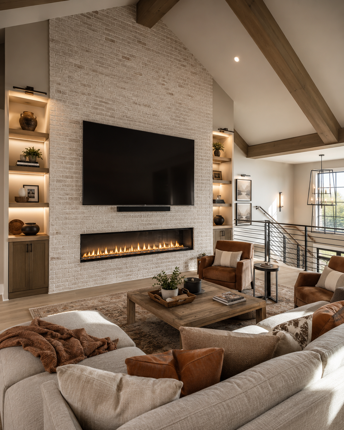 An upstairs bonus room loft with limewashed brick custom fireplace TV wall, large black TV, long linear fireplace, exposed wood beams, visible staircase railing, and warm lounge seating.