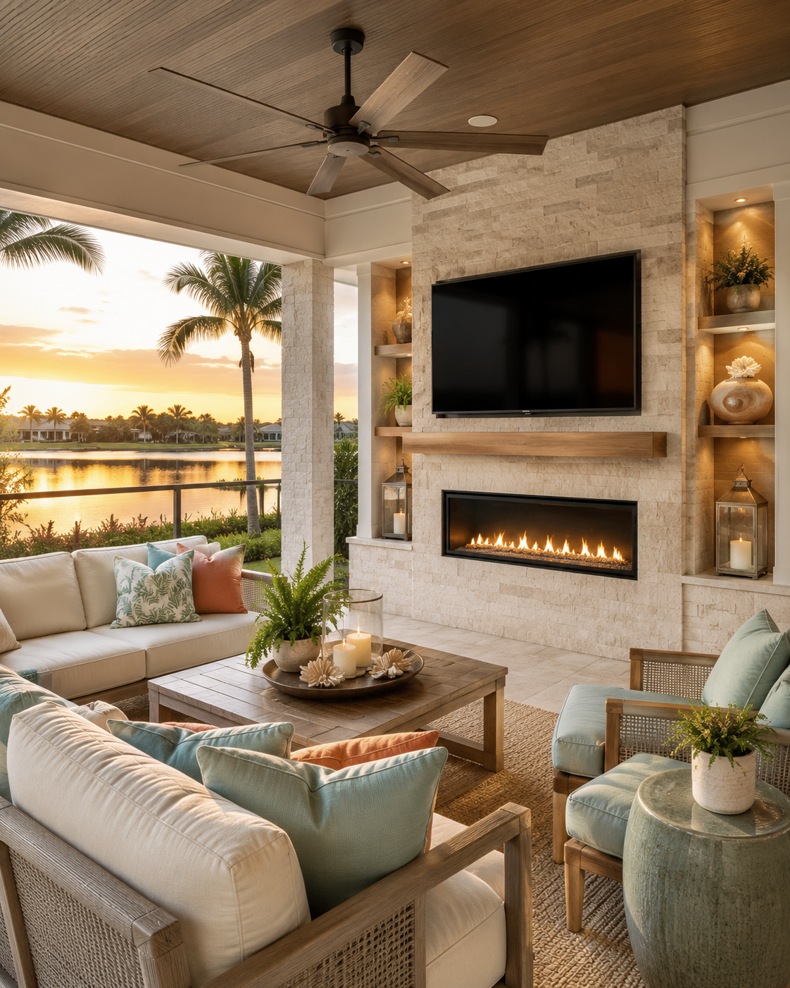 A covered patio Florida room with lake sunset view, ceiling fan, light stone custom fireplace TV wall, black TV, linear fireplace, lounge seating, and coastal accents.