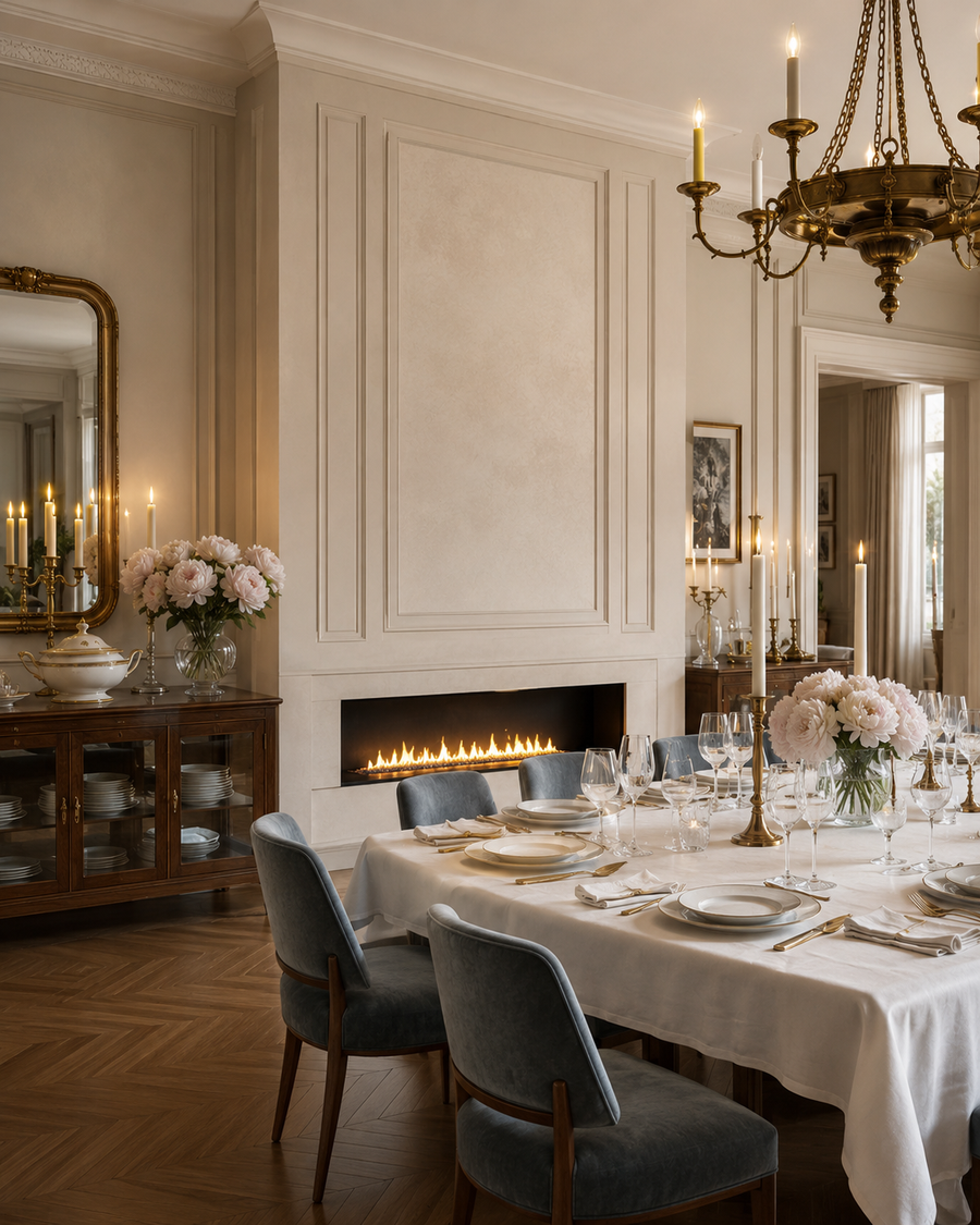 An elegant dining room with a champagne paneled custom fireplace wall, long linear fireplace, walnut buffet, mirror, candlelight, white tablecloth, and blue velvet chairs.