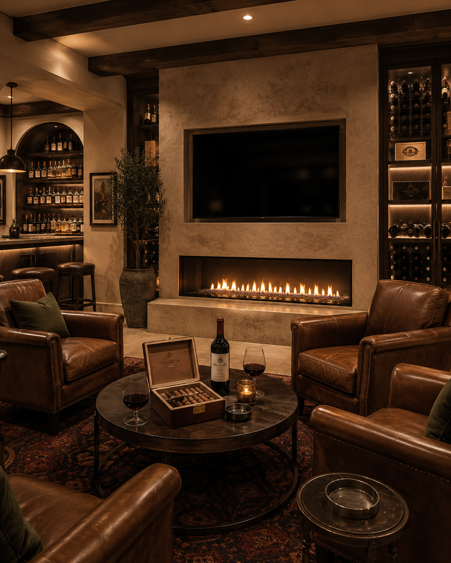 An Italian-style home bar and wine lounge with textured custom fireplace TV wall, long fireplace, wine storage, leather chairs, wine glasses, bottle, and open cigar box.