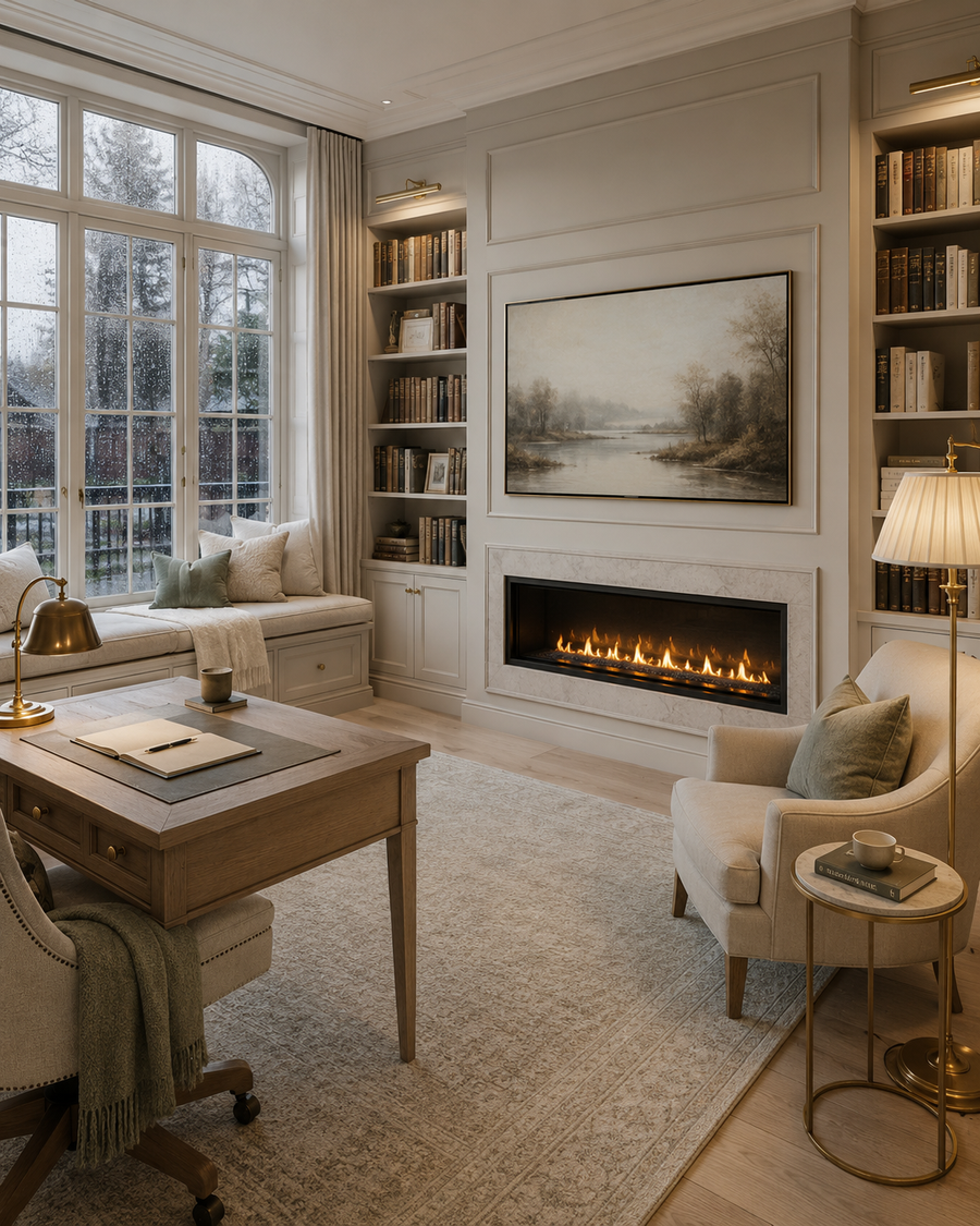 A light European home office library with tall French windows, rainy view, window bench, bookshelves, desk, reading chair, and custom fireplace wall.