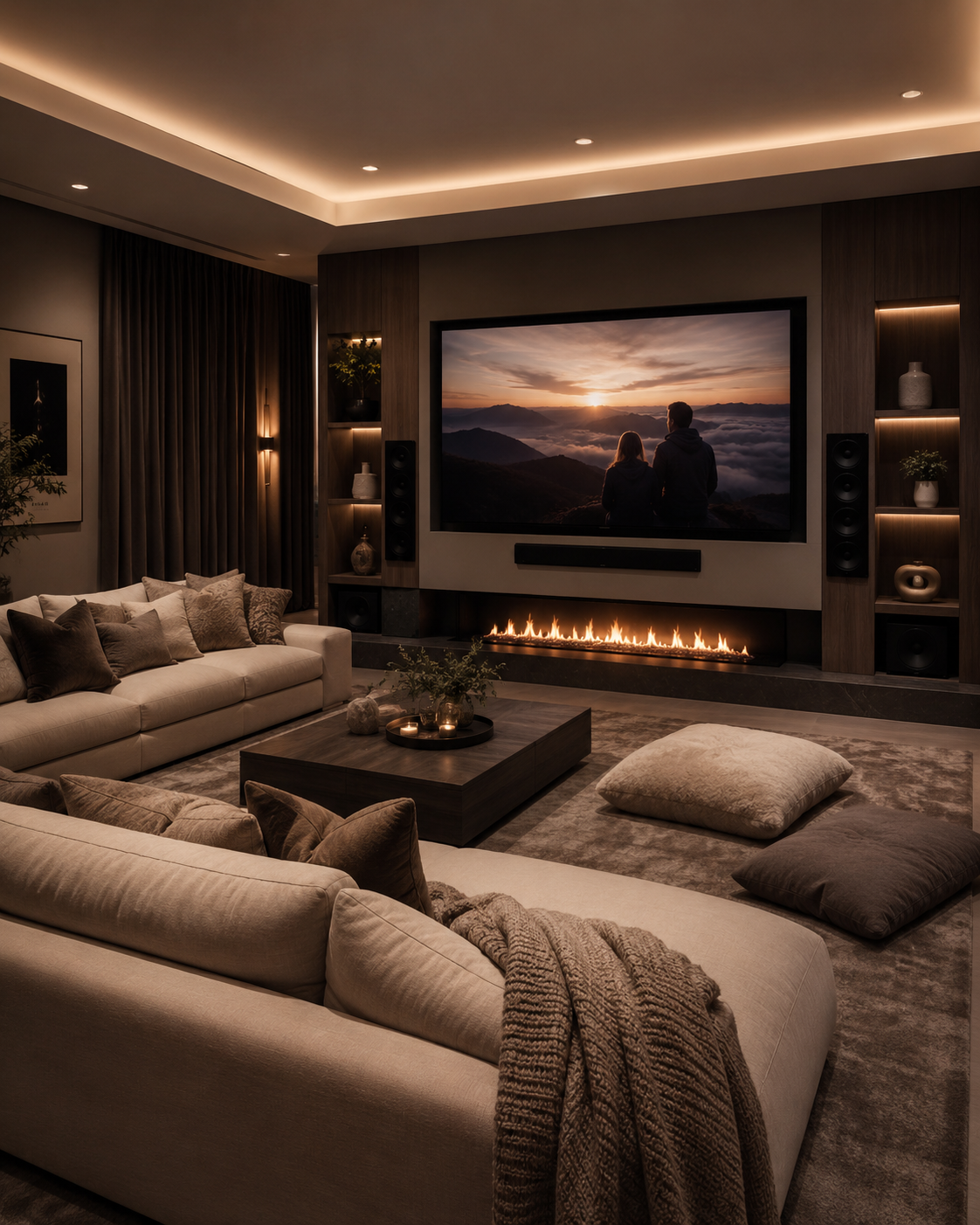 A modern media room with a large TV, long linear fireplace, soft sectional, speaker system, LED lighting, floor pillows, blankets, and cinematic lounge atmosphere.