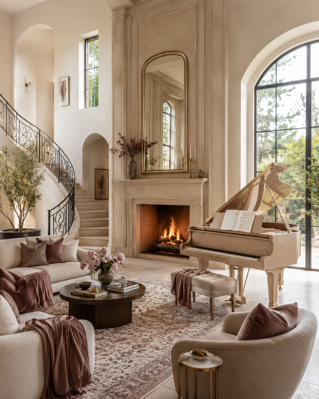 A grand piano lounge with champagne piano, curved staircase, simple wrought-iron railing, tall custom fireplace wall, large mirror, blush accents, and elegant seating.
