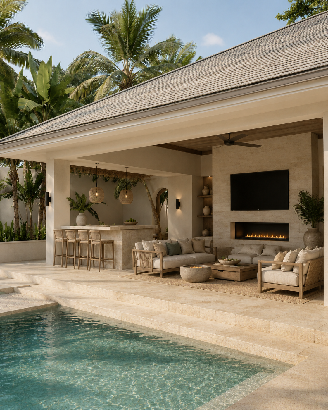 A tropical pool house cabana with turquoise pool, warm light stone deck, realistic Florida-style roof, bar stools, black TV, linear fireplace, and wood-framed outdoor seating.