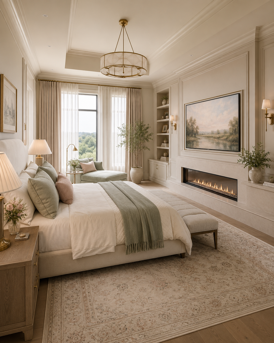 A spacious primary bedroom suite with a soft champagne custom fireplace TV wall, framed art-style TV, linear fireplace, ivory bedding, sage accents, and boutique hotel atmosphere.