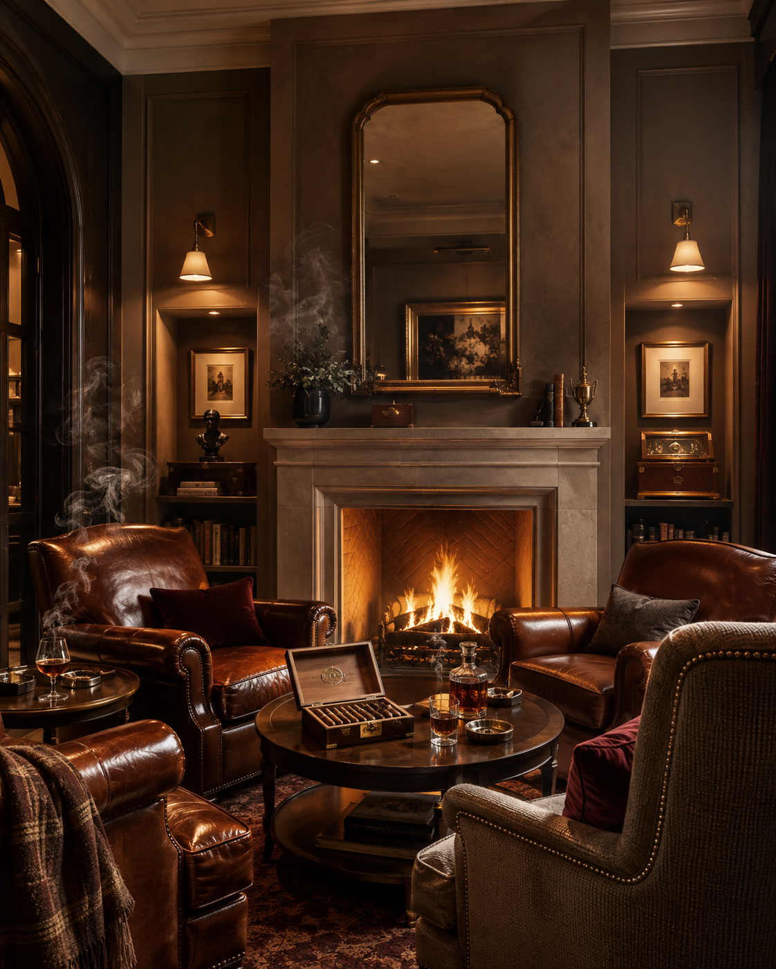 A refined private cigar lounge with leather chairs, fireplace, mirror, open humidor, cigars, ashtray, decanter, glasses, subtle smoke, and warm club lighting.