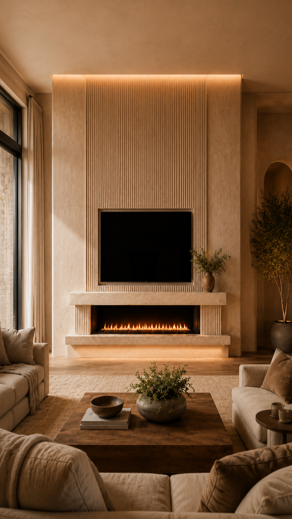 Luxury living room with a custom fluted plaster custom fireplace TV wall, linear fireplace, integrated lighting, warm neutral finishes, and elegant seating.