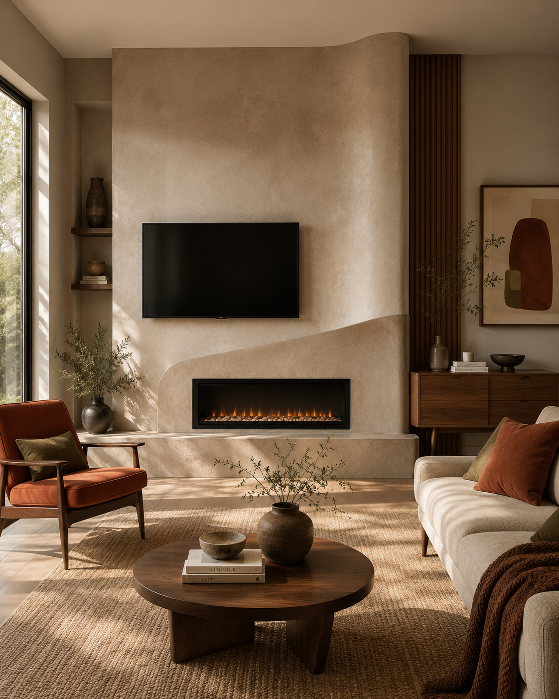 An asymmetrical custom fireplace TV wall with textured plaster, offset TV and linear fireplace, walnut detail, and mid-century furniture.