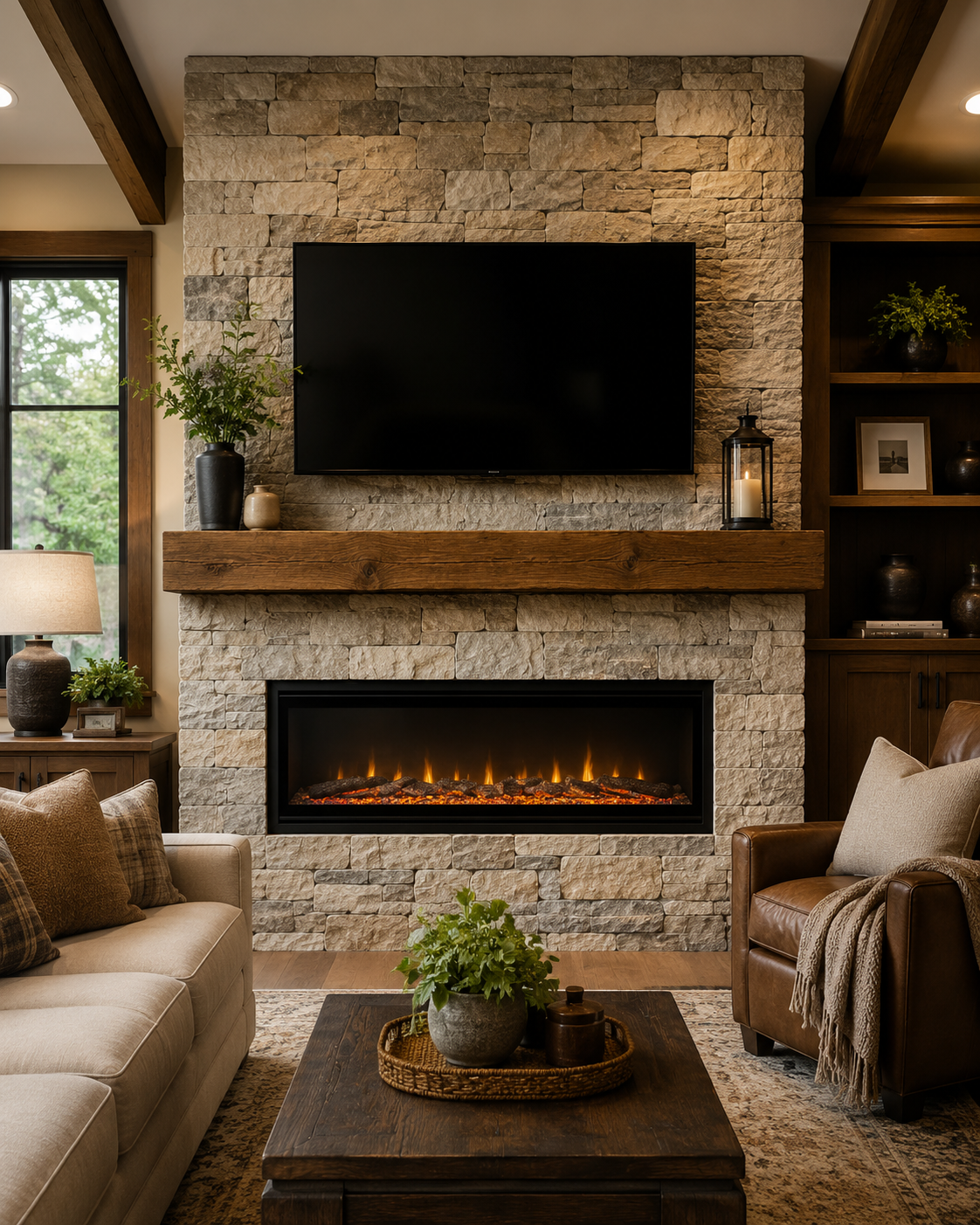 A classic mantel custom fireplace TV wall with stone surround, thick wood mantel, TV above, and long electric fireplace below.