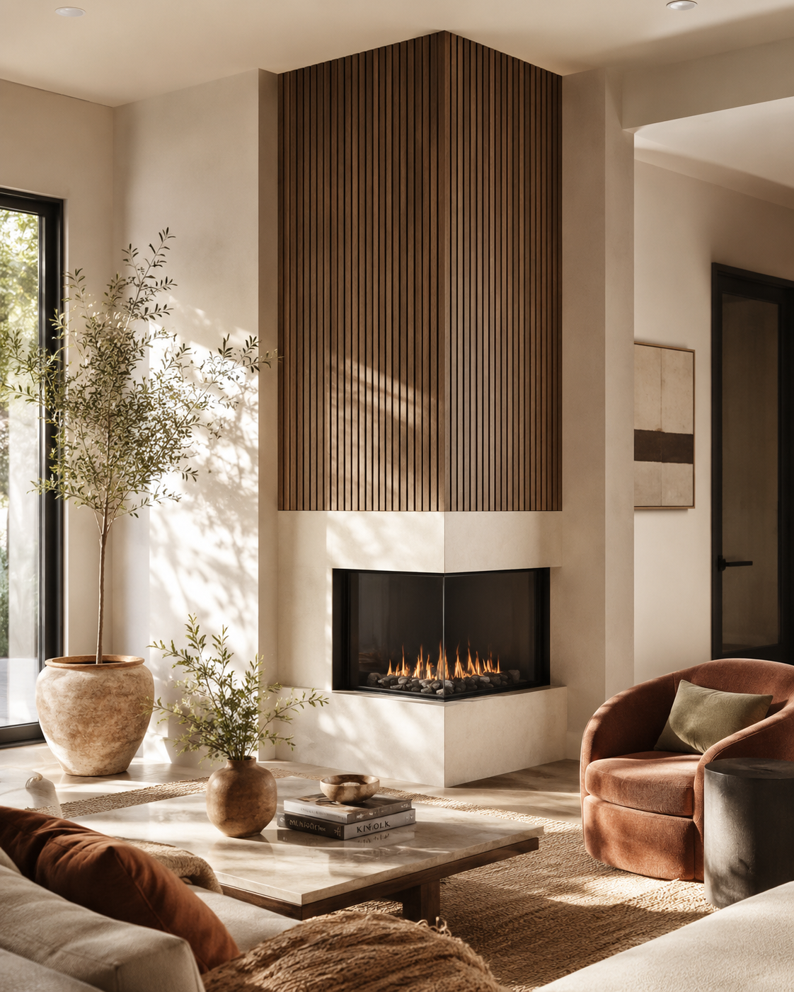 A corner fireplace feature wall with a two-sided fireplace, warm plaster base, and vertical wood slat paneling wrapping the corner.