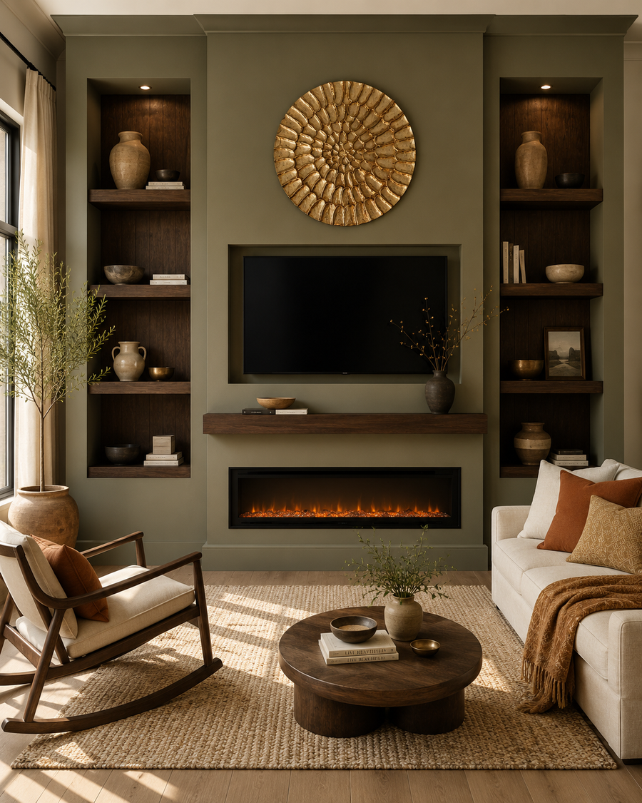 A custom fireplace TV wall with built-ins, olive painted center wall, dark walnut side niches, TV, linear fireplace, and antique gold wall decor.