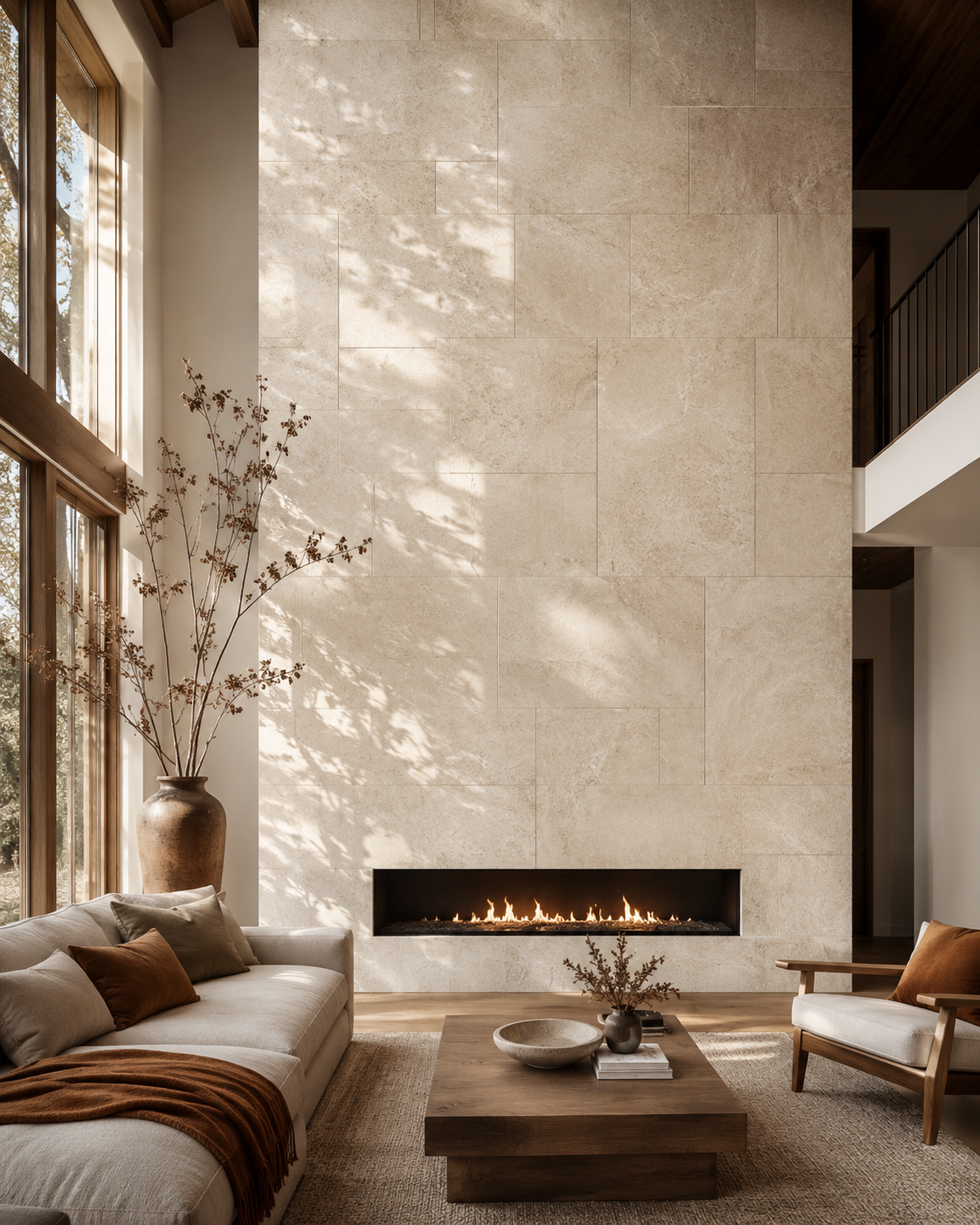 A tall floor-to-ceiling limestone fireplace feature wall without a TV in a bright Japandi-inspired living room.