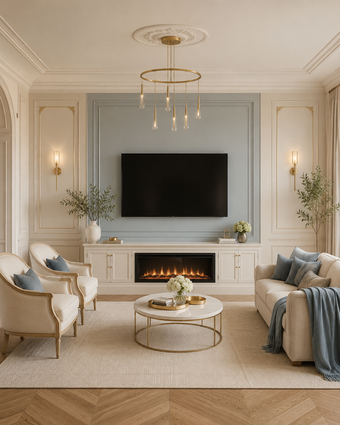 A fireplace console TV wall with French-style moldings, pale gray-blue accent panel, wall-mounted TV, and media console with built-in electric fireplace.