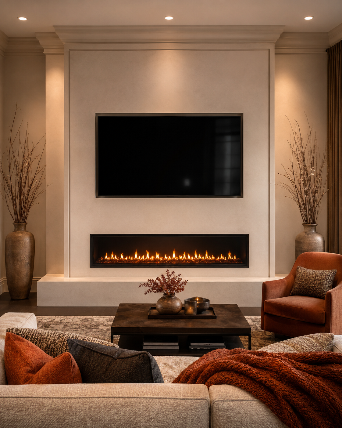 A classic linear custom fireplace TV wall with a centered TV, long electric fireplace, warm neutral wall, and cozy living room accents.