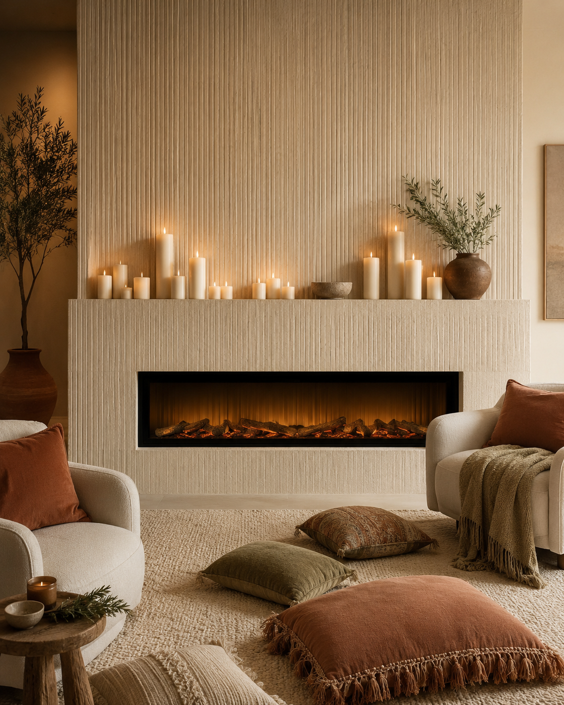 A projecting electric custom fireplace wall with ribbed plaster finish, long linear fireplace, ledge with candles, and cozy floor cushions.