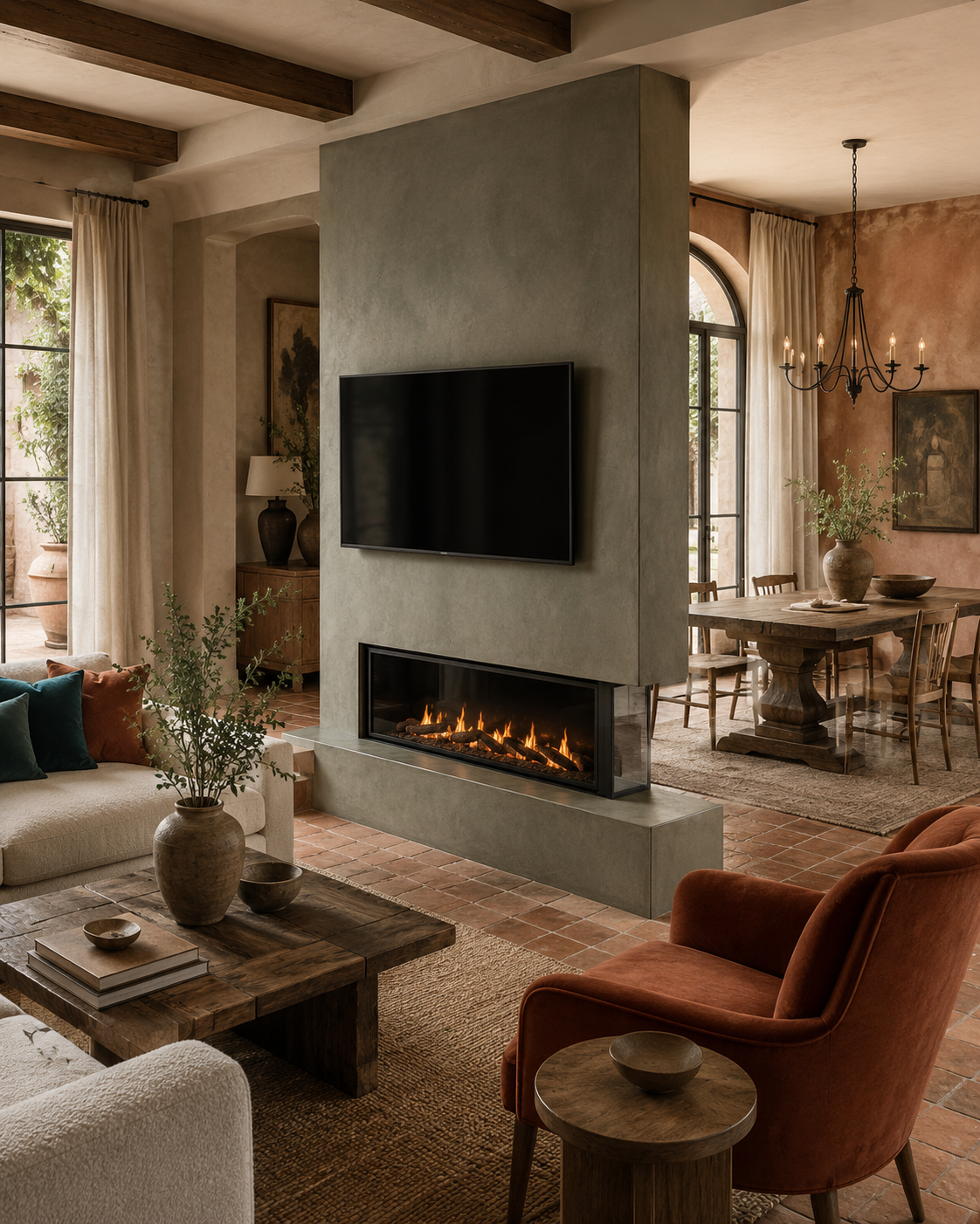 A room divider custom fireplace TV wall separating a living room and dining room in a modern Tuscan-inspired interior.