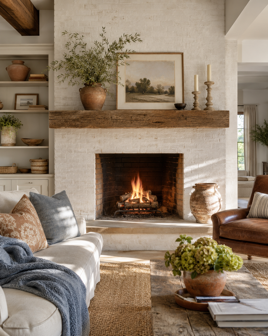A traditional wood-burning custom fireplace wall with whitewashed brick, reclaimed wood mantel, live fire, and refined farmhouse decor.