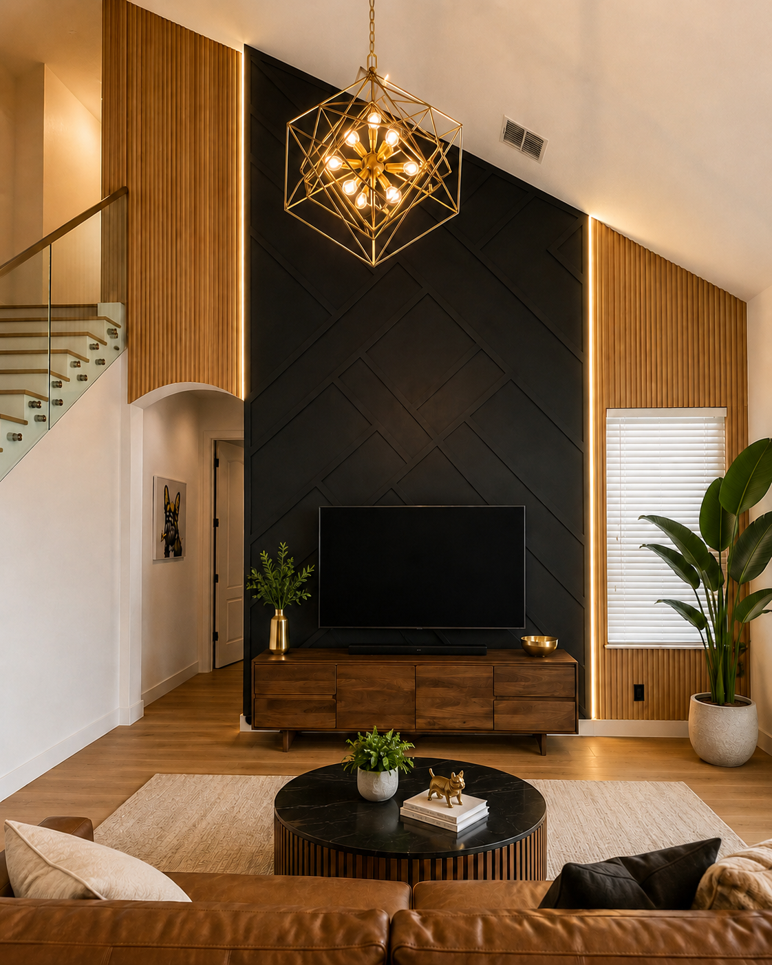 Completed two-story accent wall in a Winter Park living room with black geometric paneling, vertical wood slat details, warm lighting, and a media console.