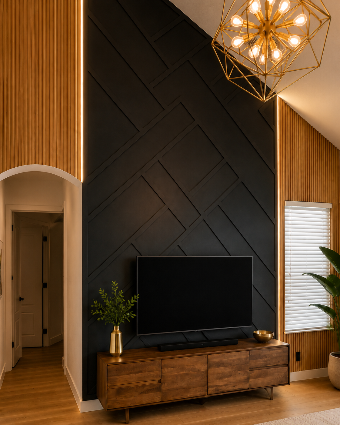 Close view of a black geometric accent wall in Winter Park with vertical wood slat side panels and warm accent lighting.