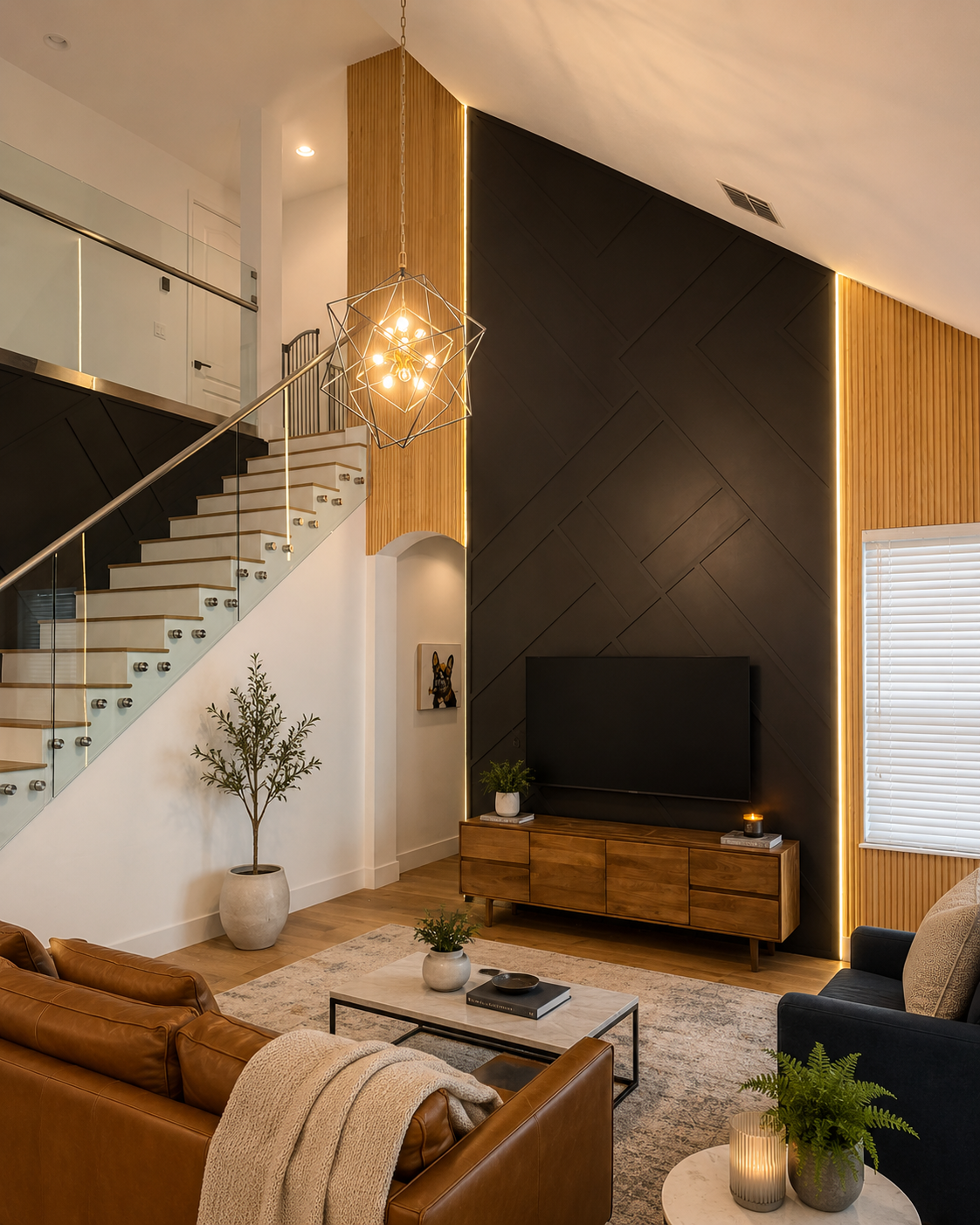 Completed Winter Park accent wall project showing the central black feature wall and the staircase accent wall continuation.