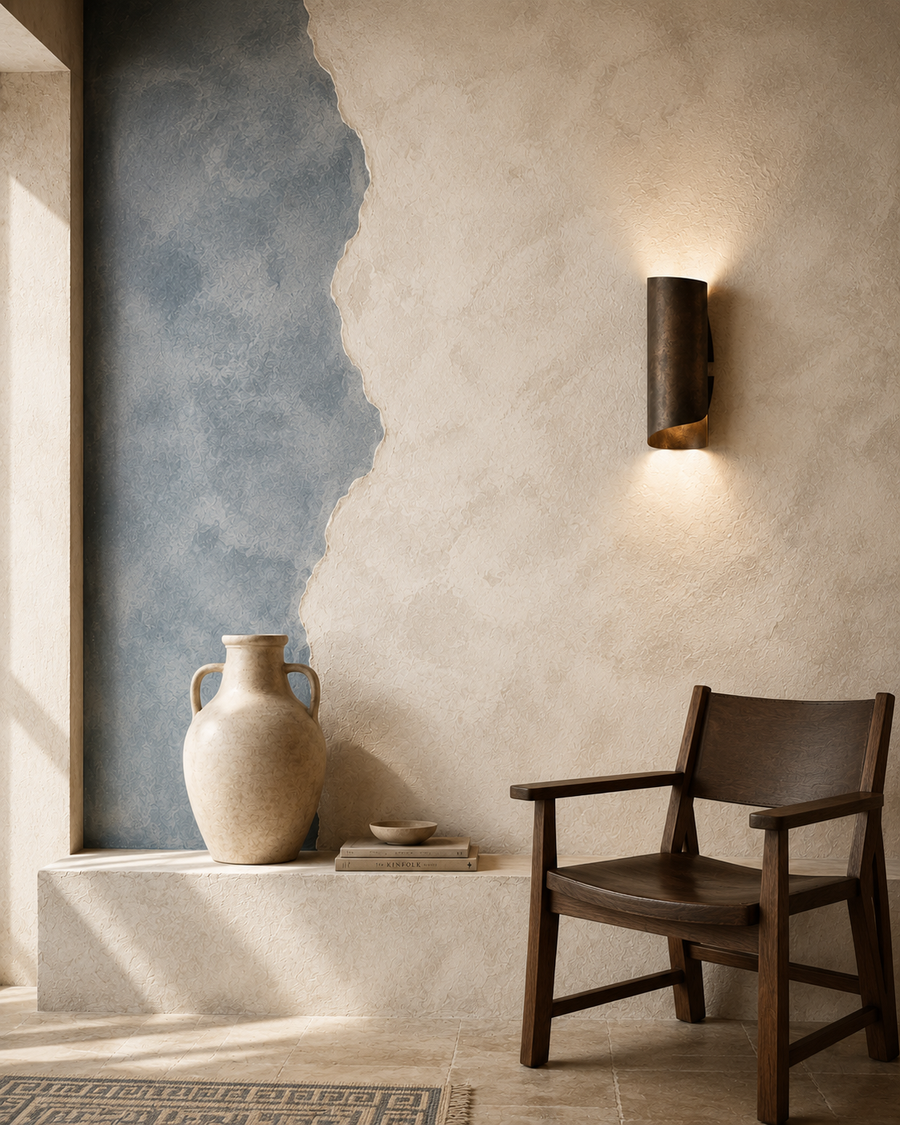 Plaster, limewash, and textured finish accent wall with soft mineral surface, blue accent field, wall sconce, and Mediterranean-inspired interior.