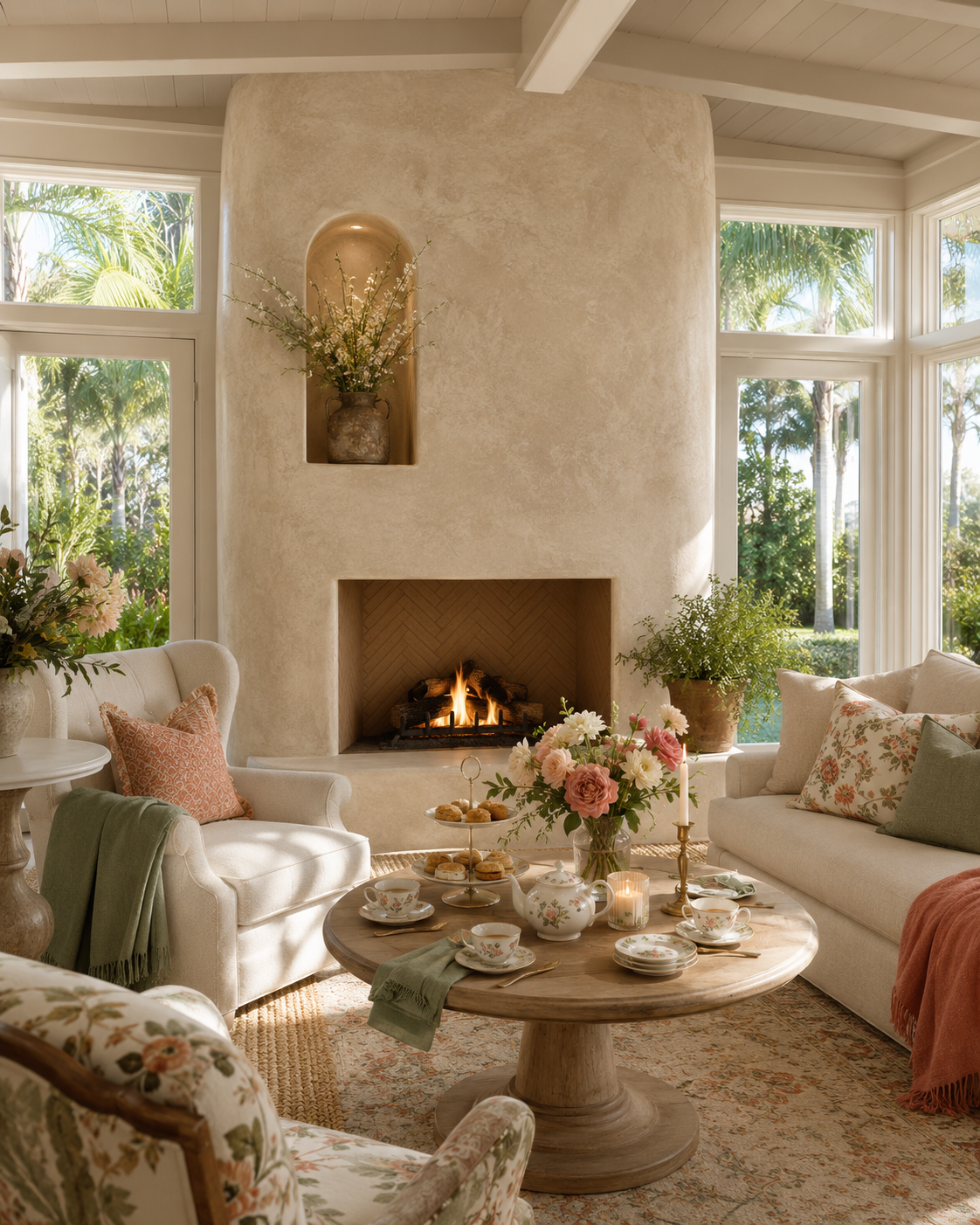 Florida sunroom with textured plaster custom fireplace wall, soft limewash-inspired finish, large windows, tea table, flowers, candles, colorful pillows, and cozy country-style seating.