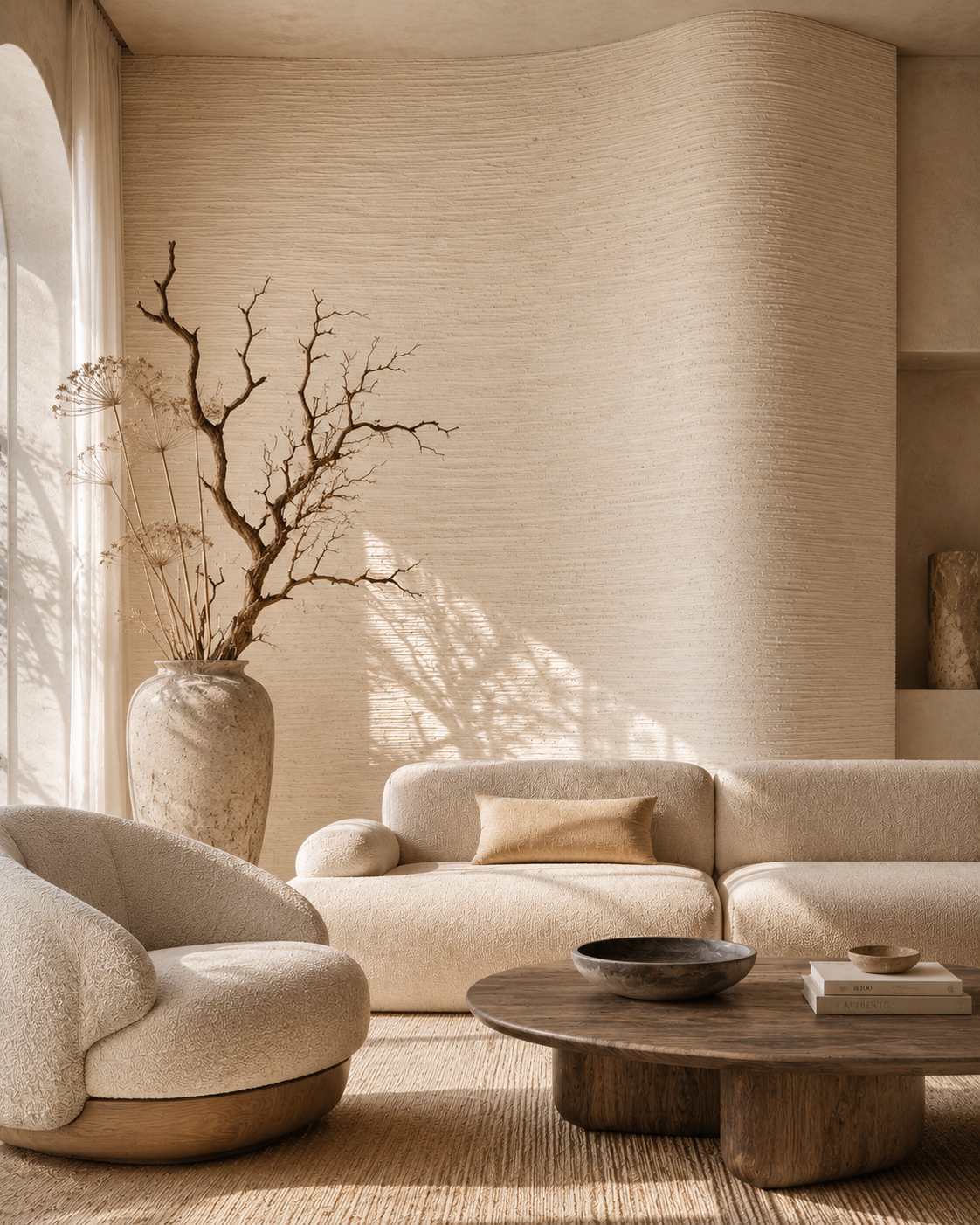 Desert minimalist plaster accent wall with warm sand texture, soft wave form, and sculptural neutral interior.
