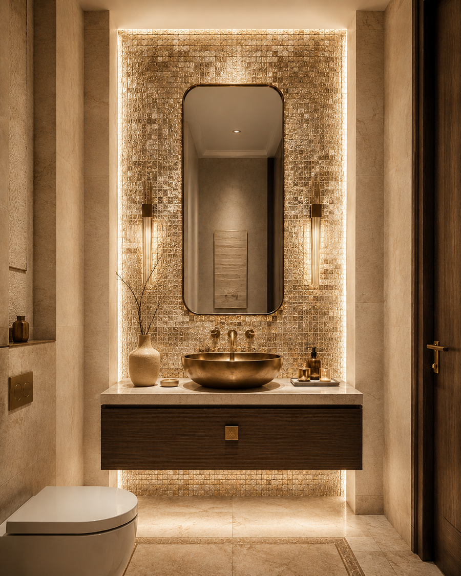 Luxury powder room with champagne-gold mosaic accent wall, softly backlit niche, bronze sink, and floating vanity.