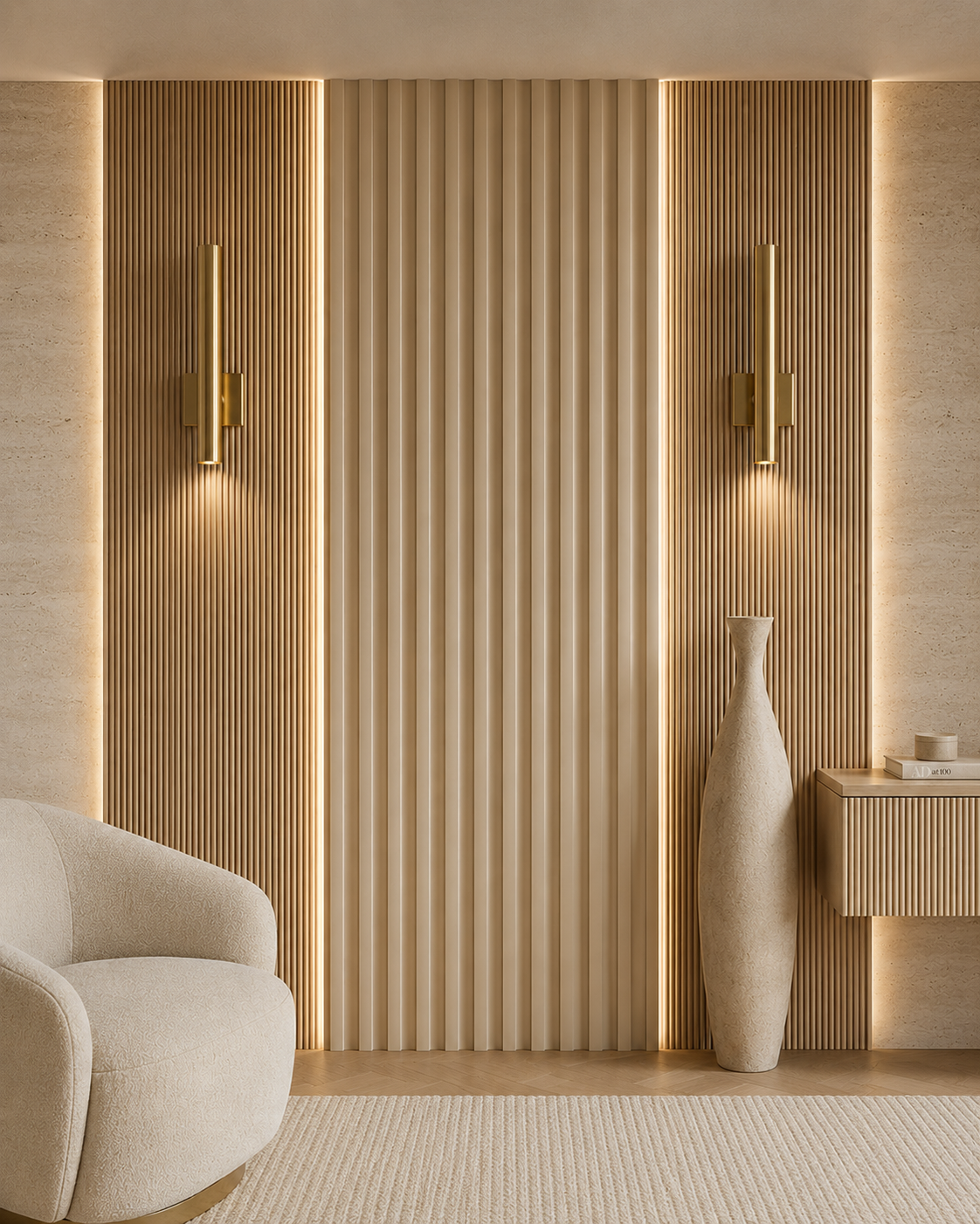 Slatted and fluted accent wall with ribbed wood surfaces, central fluted panel, warm integrated lighting, and neutral residential decor.