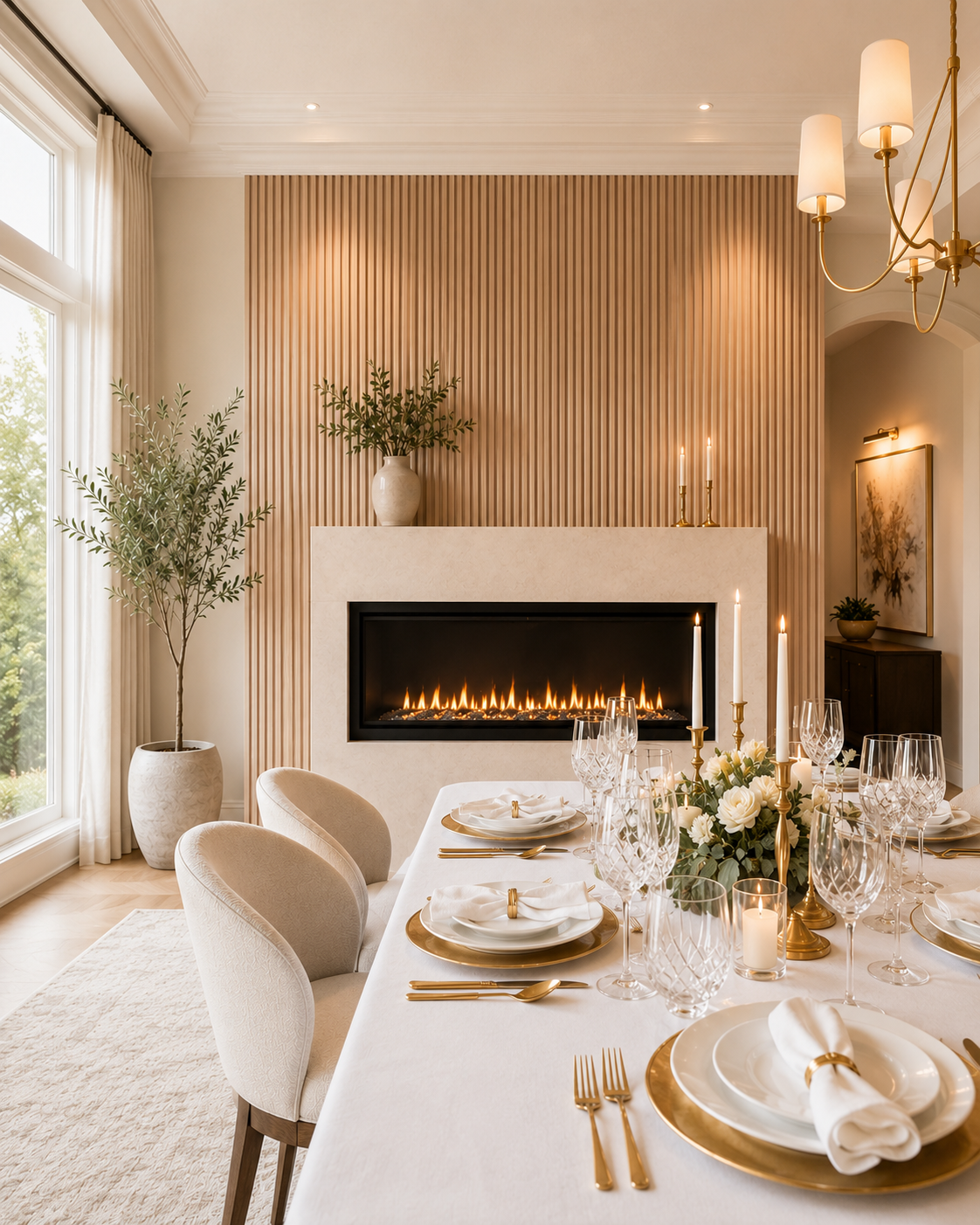Dining room custom fireplace wall with slatted, fluted, and ribbed wall panels, linear fireplace, set dining table, white tablecloth, gold flatware, candles, and warm modern styling.