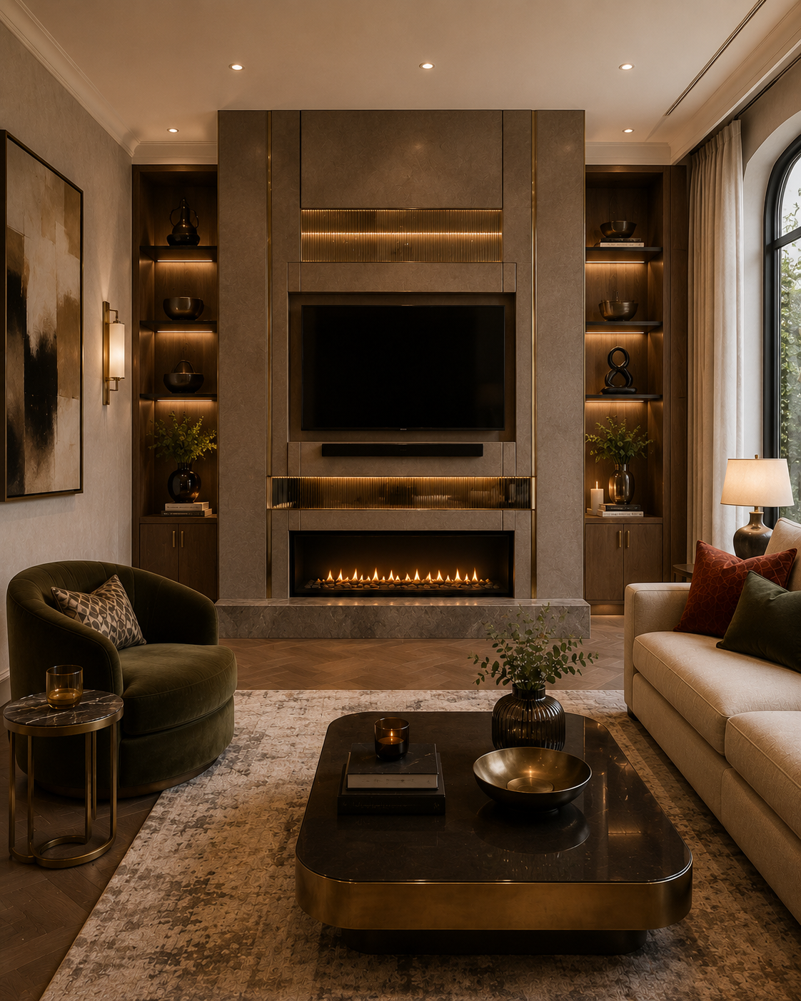 Art Deco style custom fireplace TV wall with smoked glass inserts, bronze mirror details, metallic profiles, wood shelves, linear fireplace, TV, velvet seating, brass table, and warm lighting.