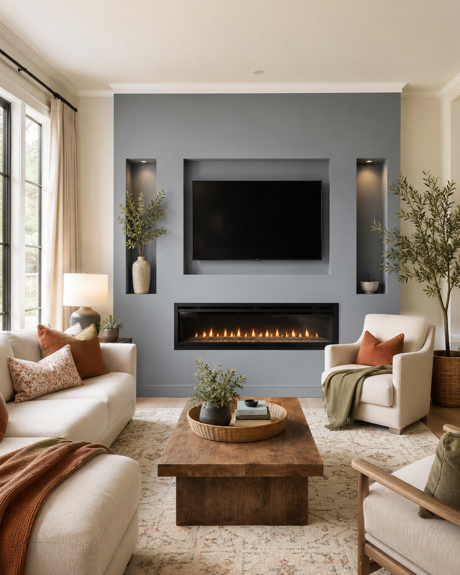 Bright family room with smooth blue-gray painted drywall custom fireplace TV wall, recessed TV niche, linear electric fireplace, side niches, cream seating, terracotta pillows, olive throw, wood coffee table, and soft rug.
