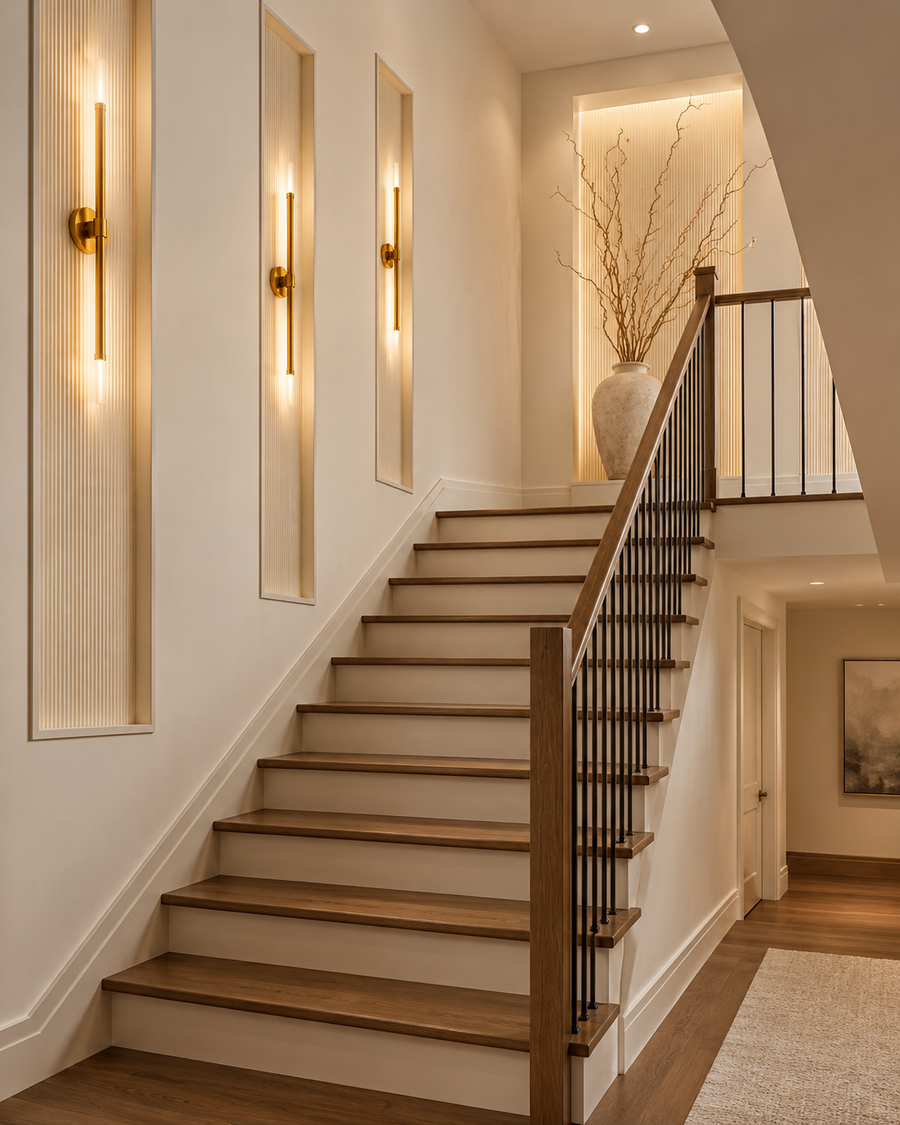 Warm staircase accent wall with rectangular lit niches, ribbed backing panels, brass sconces, and landing vase.