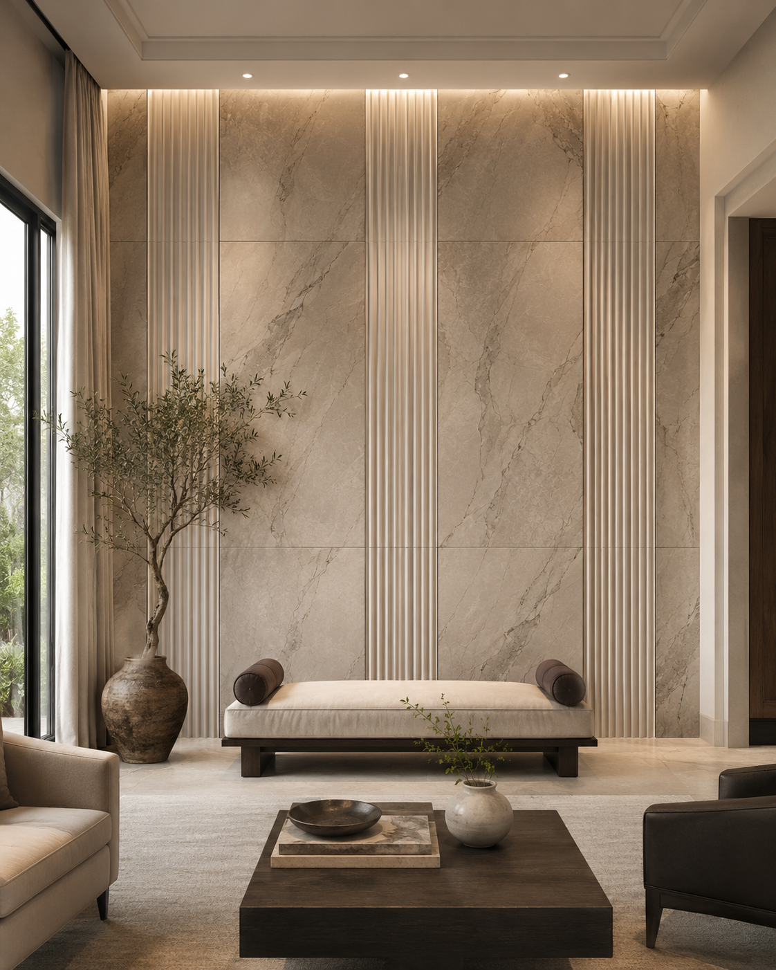 Modern living room with stone-look porcelain accent wall, symmetrical fluted inserts, and warm neutral seating.