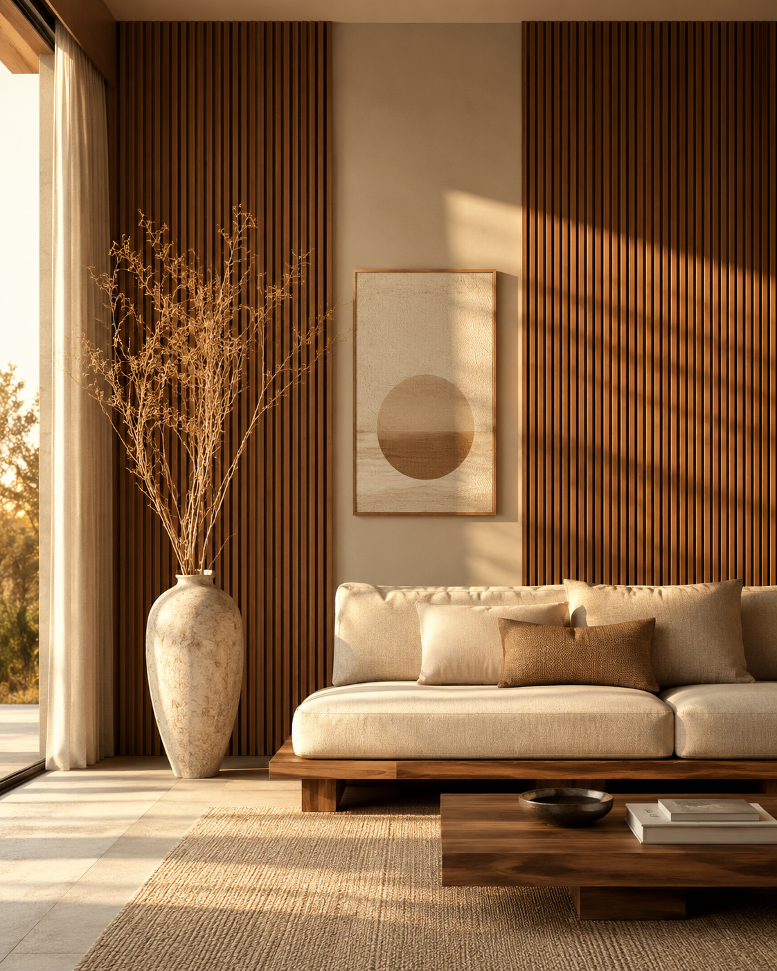 Japandi living room with vertical wood slat accent walls, warm sunset light, and neutral low-profile seating.