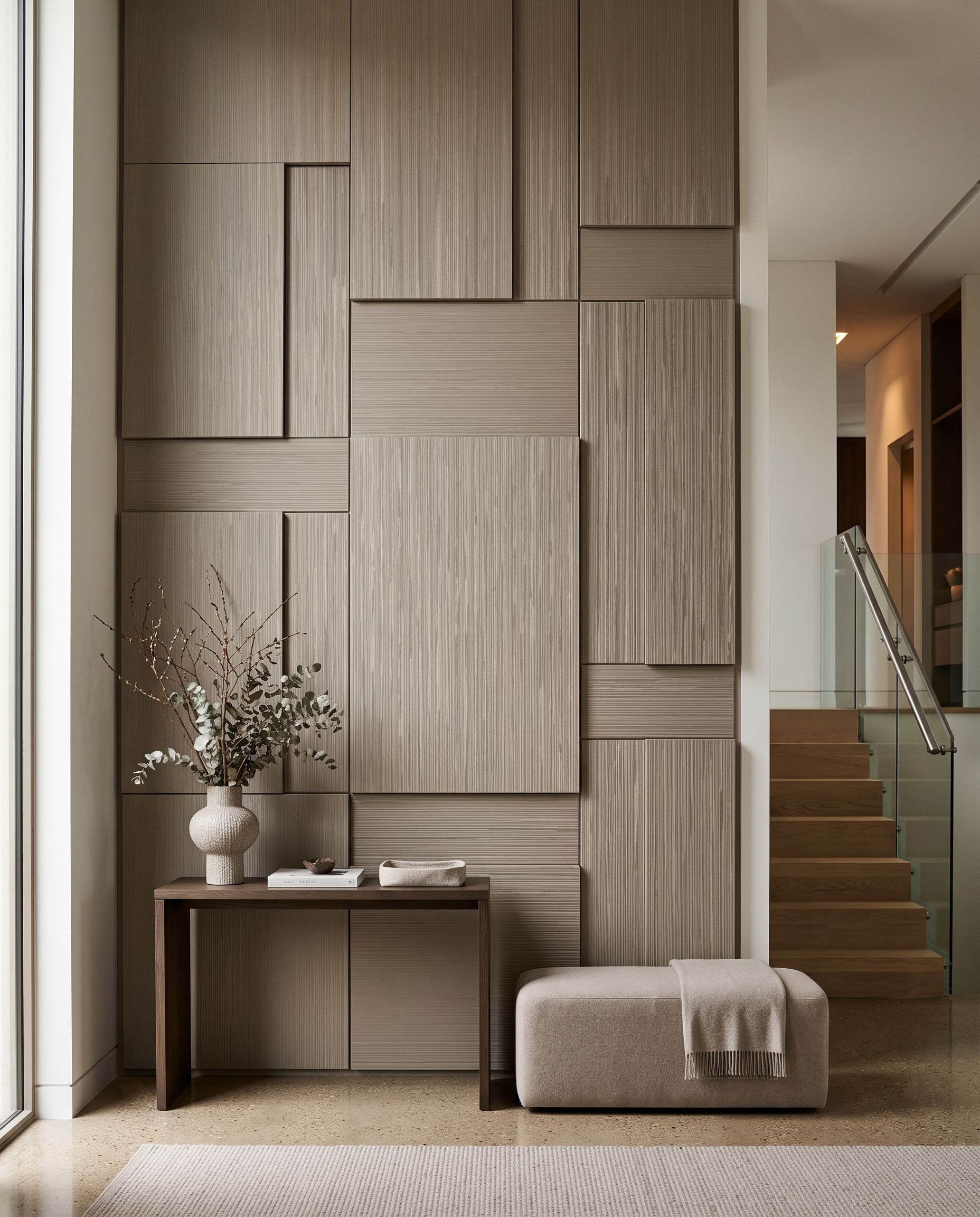 Modern MDF wall paneling accent wall with textured rectangular panels in a warm neutral entry interior.