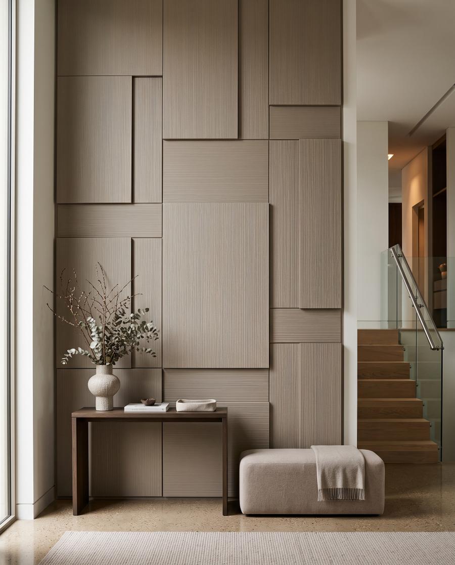 Modern MDF wall paneling accent wall with textured rectangular panels in a warm neutral entry interior.