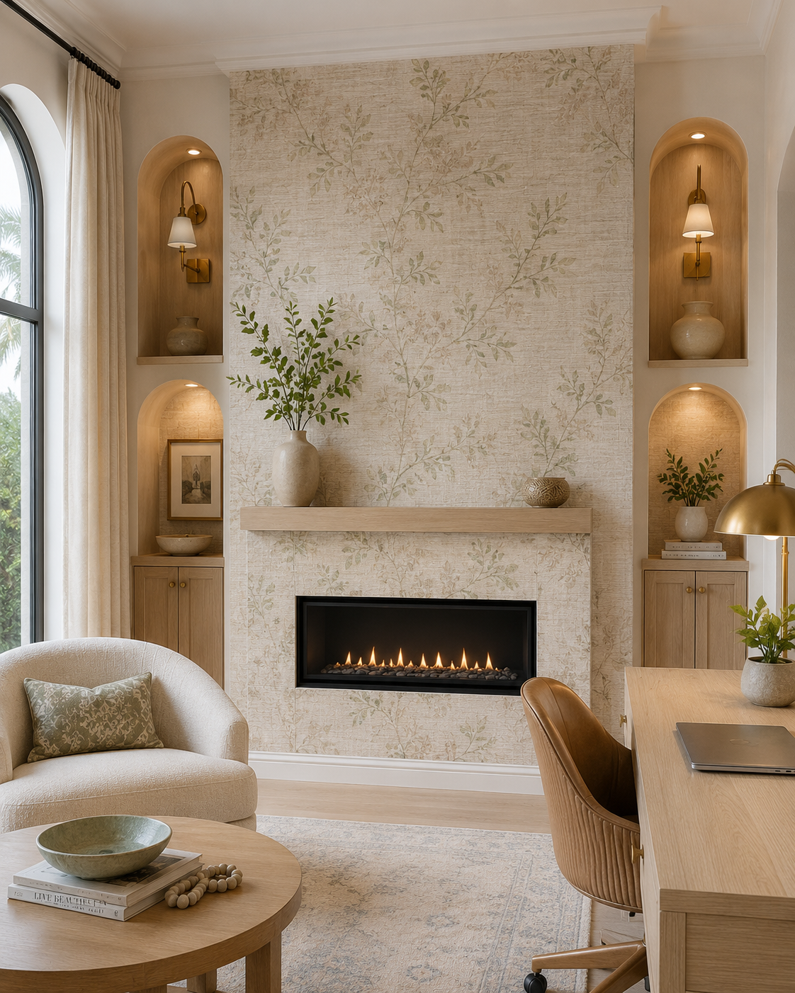 Bright home office lounge with wallpaper-covered custom fireplace wall, slim linear fireplace, light wood niches, soft green accents, arched window, upholstered chair, desk, and calm neutral finishes.