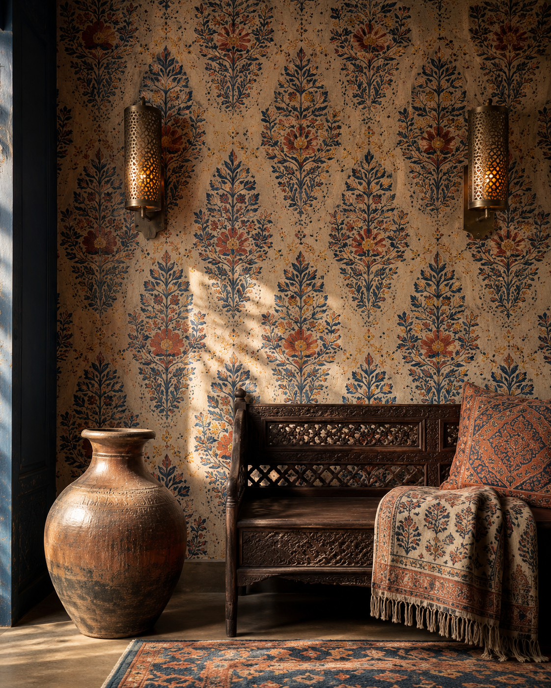 Wallpaper, grasscloth, and specialty wallcovering accent wall with patterned botanical print, sconces, carved bench, textiles, and layered interior styling.