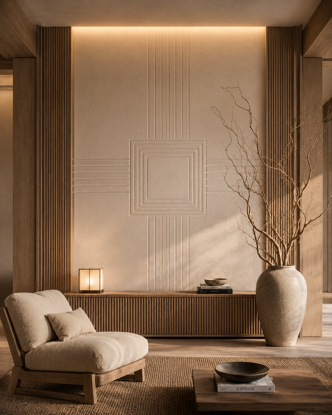 Japandi mixed-material accent wall with wood slats, sandy plaster relief, hidden warm lighting, and sculptural vase.
