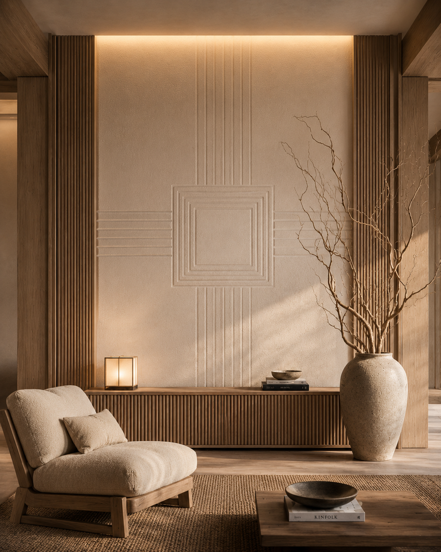 Japandi mixed-material accent wall with wood slats, sandy plaster relief, hidden warm lighting, and sculptural vase.