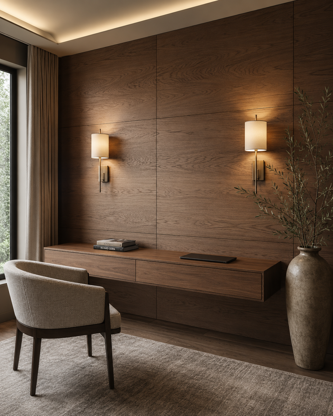 Wood veneer and wood-look panel accent wall with warm residential office styling, sconces, floating console, and natural wood grain.